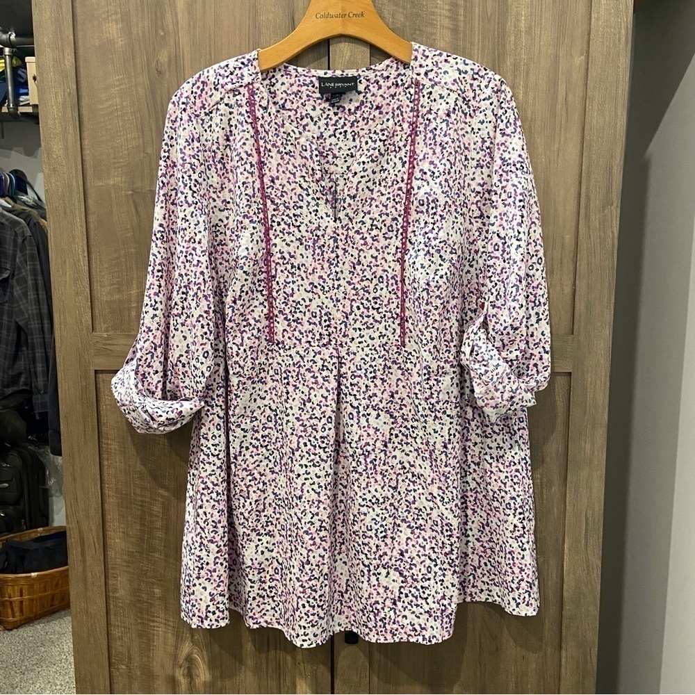 Lane Bryant 14/16 Popover Top Shirt roll tab sleeves notch neck